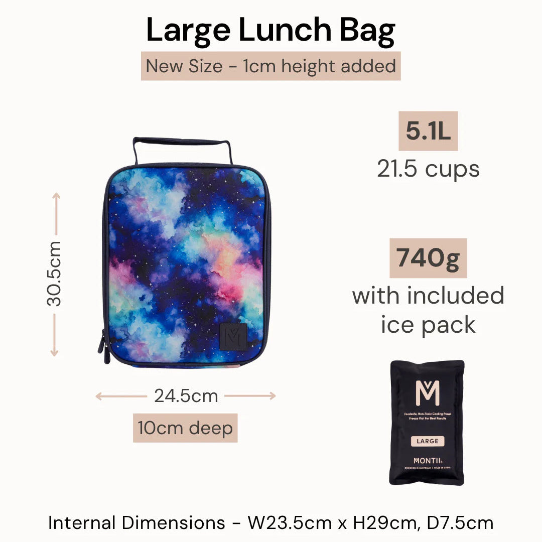 Large lunch bag with galaxy design, dimensions, capacity, weight, and ice pack information on a white background.