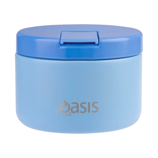 Blue Oasis insulated food flask with a child-friendly quick-release lid and 300ml stainless-steel design for warm or cool lunches