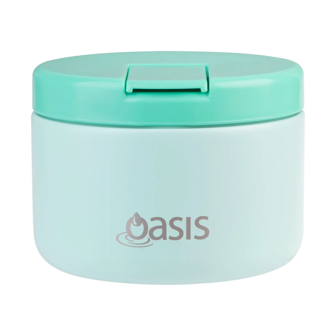 Mint Oasis insulated food flask featuring a simple quick-release lid and 300ml stainless-steel interior to keep kids-™ meals warm or chilled
