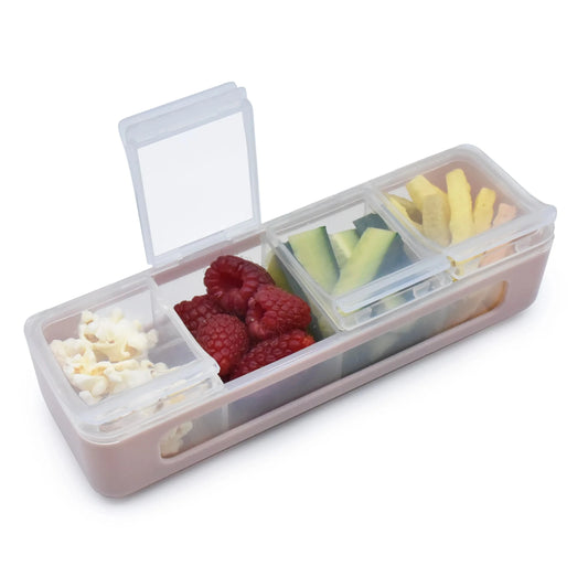 Pink four‑compartment Melii Snackle Box with individual lids for tidy, on‑the‑go snacking.