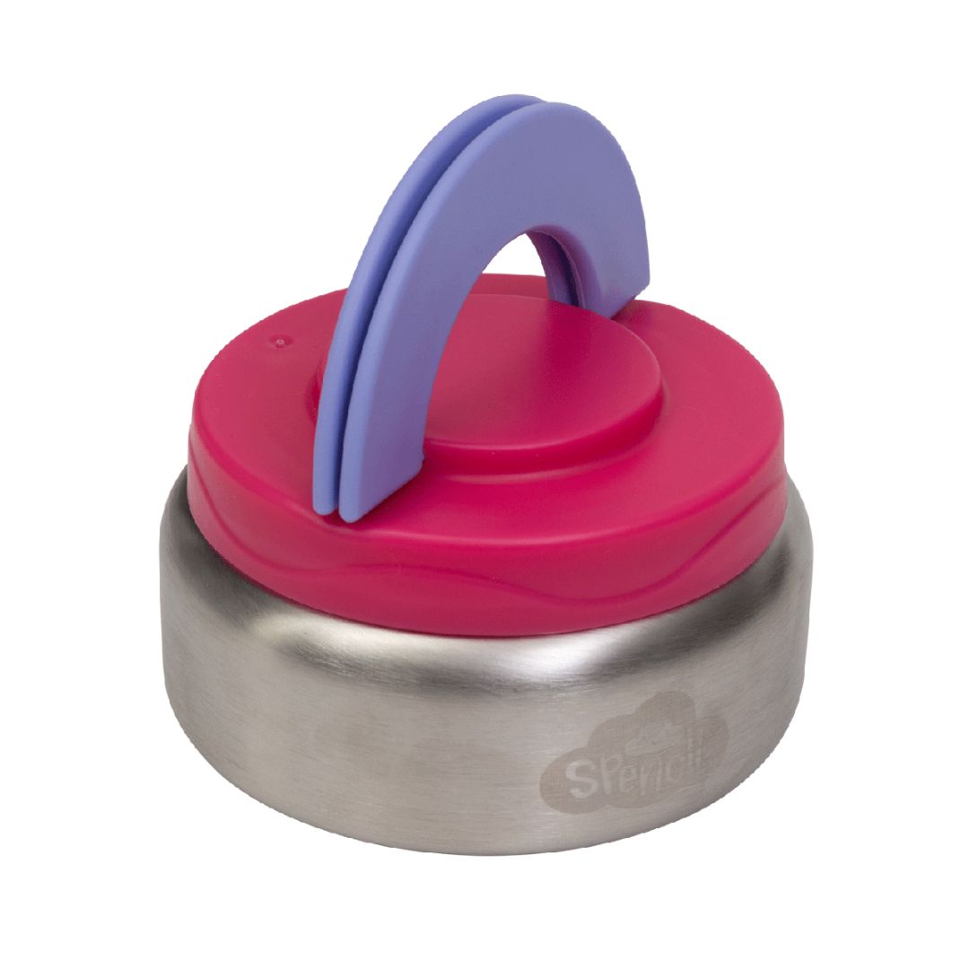 Pink and purple lid on a silver container with a visible brand logo.