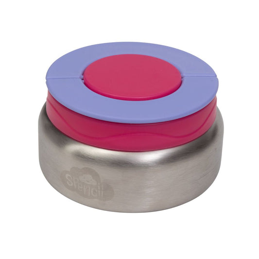 Stainless steel container with pink and purple lid on a white background