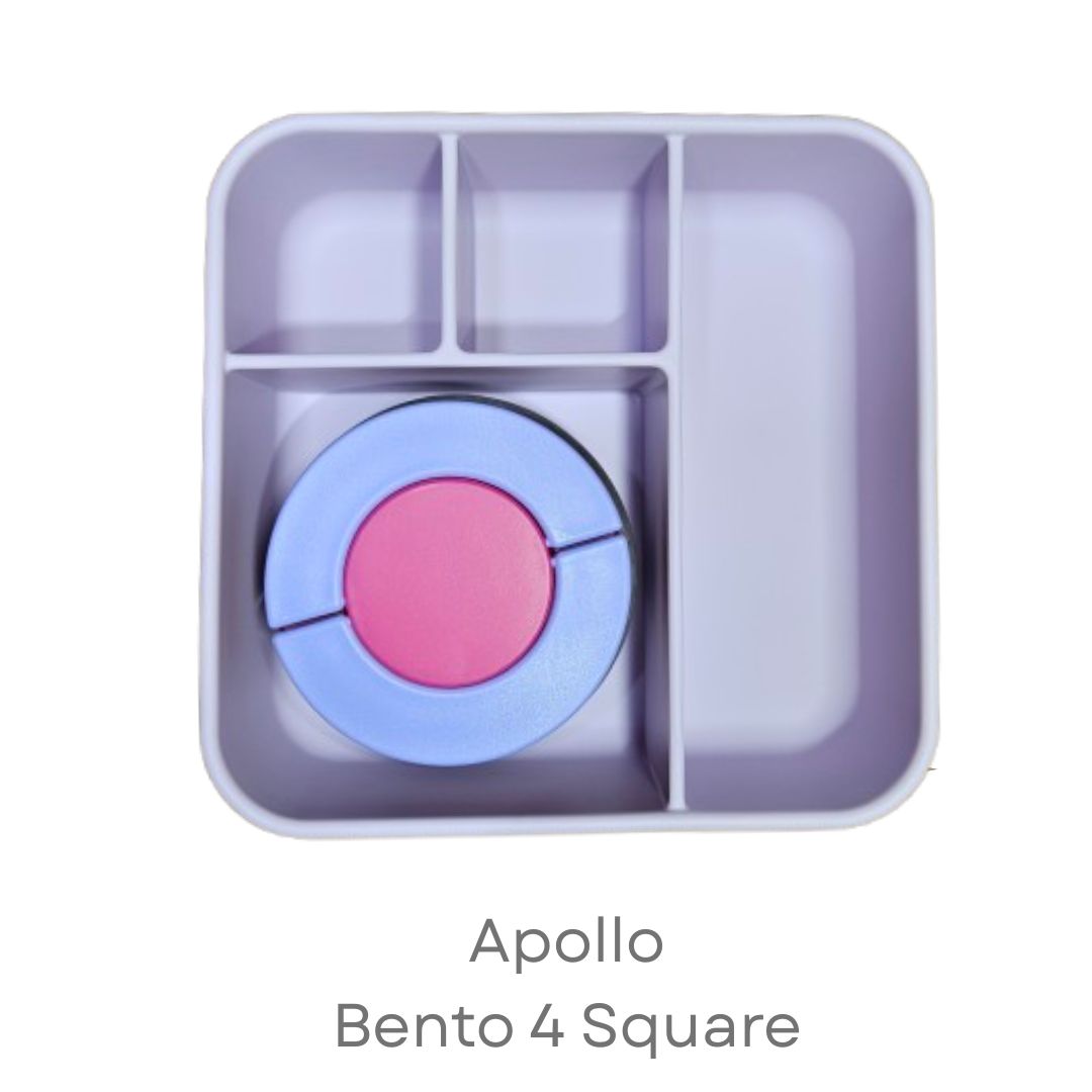 Purple bento box with pink and blue compartments on a white background