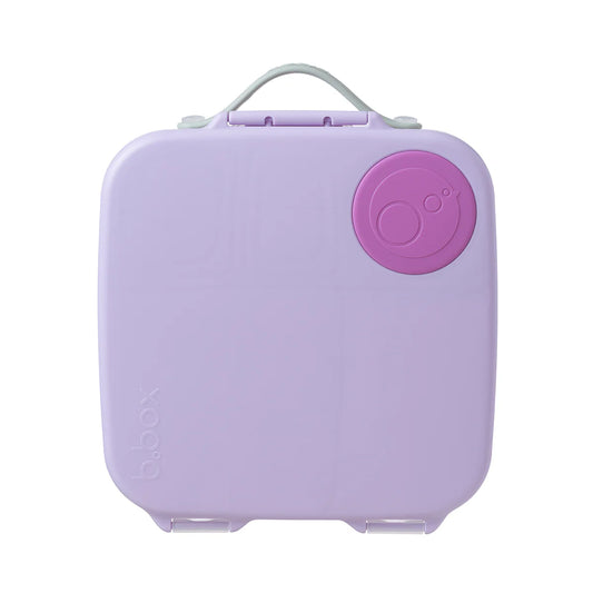 Sugar Plum b.box lunch box with whole‑fruit holder, leak‑proof seals and removable sandwich tray.