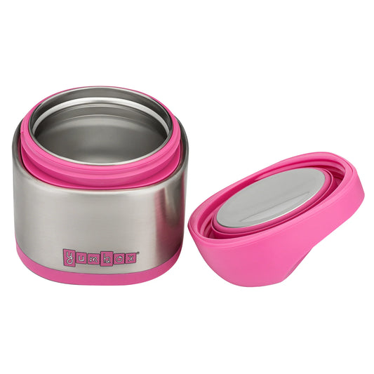 Berry Pink Yumbox Cubi insulated stainless steel food jar with ergonomic handle.