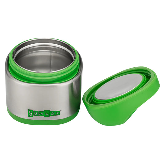 Apple Green Yumbox Cubi insulated food jar with wide‑mouth opening.