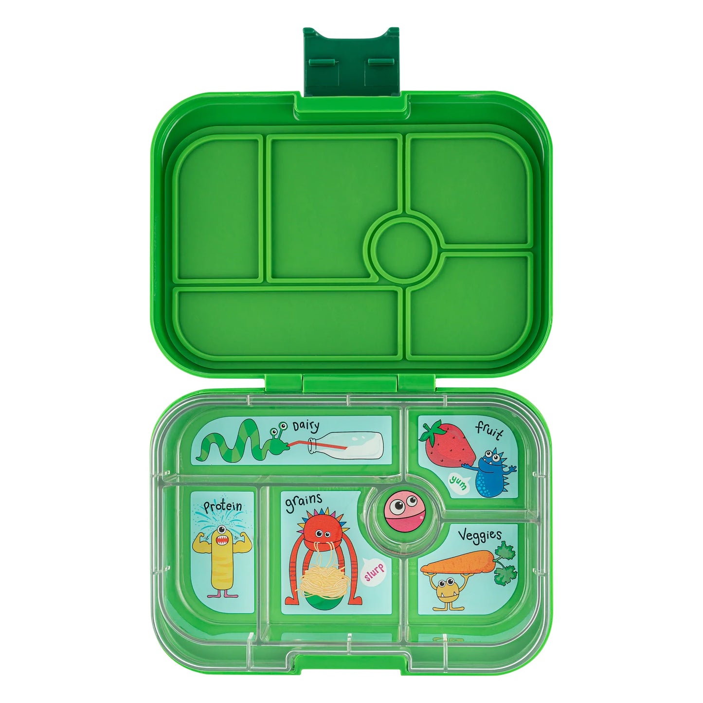 a picture of Yumbox Original - Jurassic Green on a white background , kids favourite lunch box