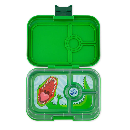 Jurassic Green Yumbox Panino 4‑compartment lunchbox with leakproof silicone seal.