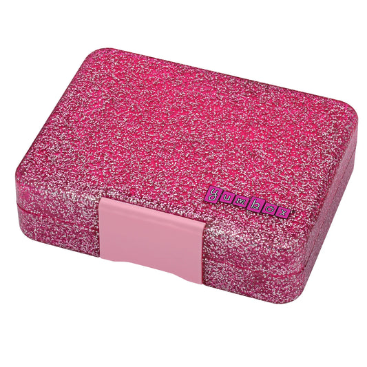 A sparkle pink glitter-finished Yumbox snack lunch box with a silicone-lined lid and a Tritan tray, featuring three compartments.