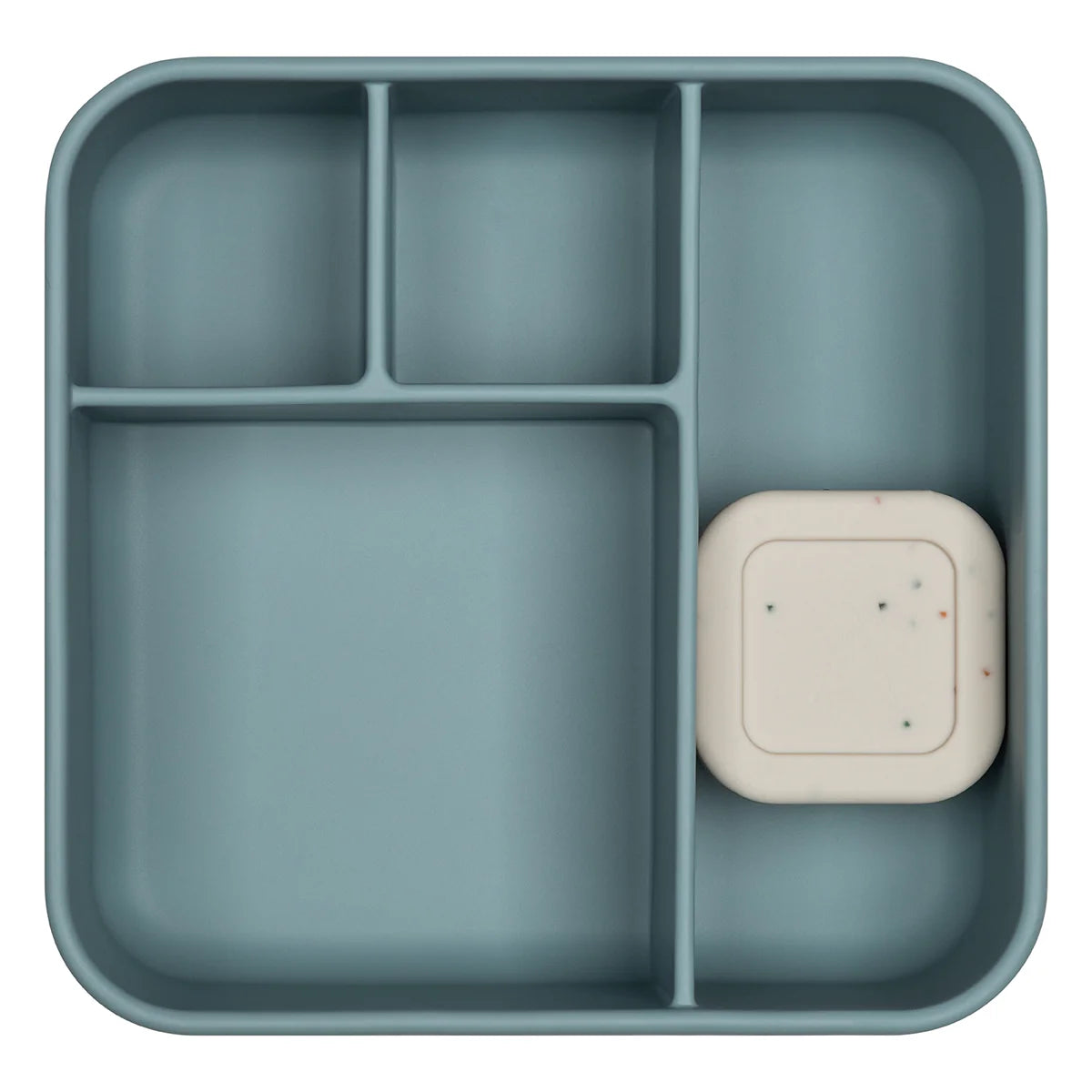 A blue silicone bento lunch box with five compartments, including a removable speckled mini container, shown empty to display its layout and storage design.
