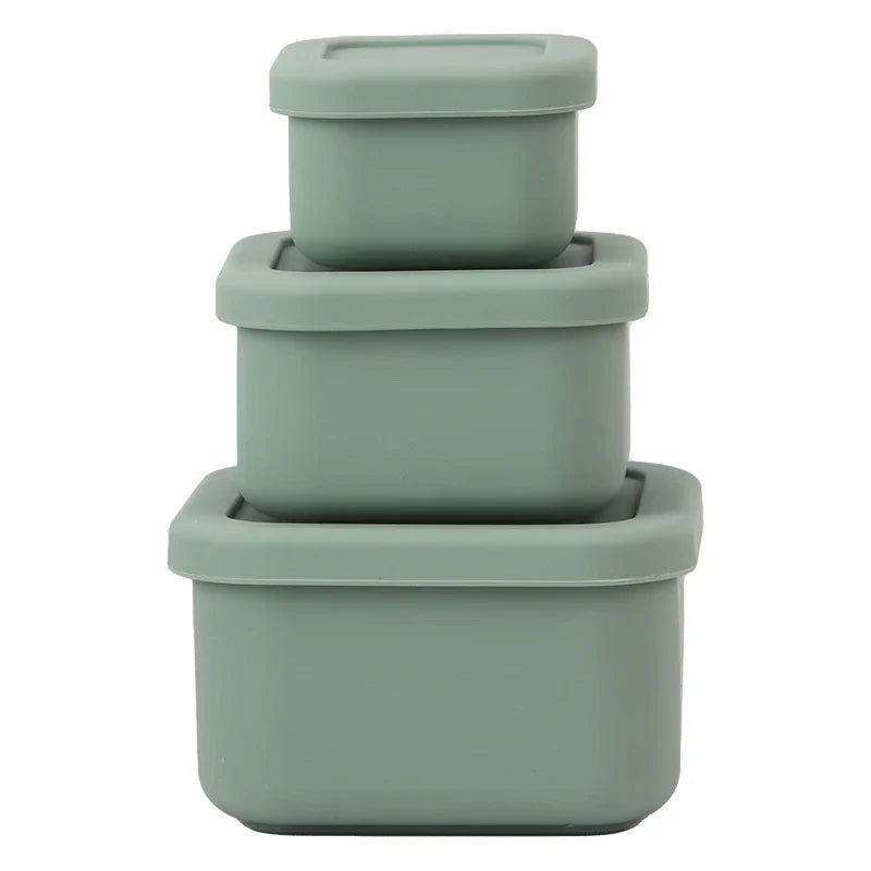 Three apollo sage silicone nesting containers in different sizes with lids, stacked together.