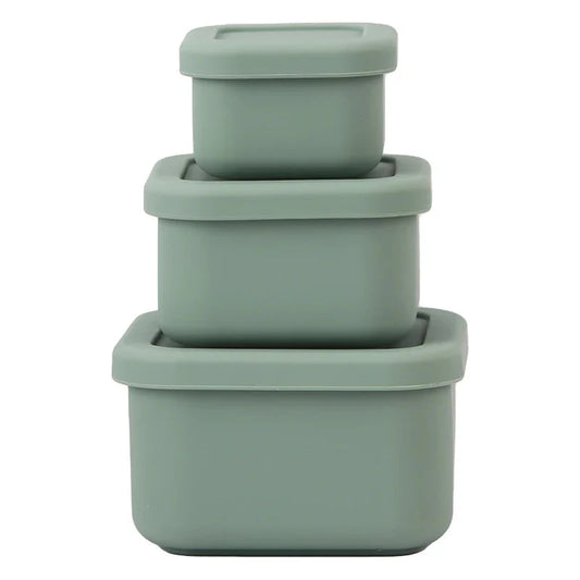 Three apollo sage silicone nesting containers in different sizes with lids, stacked together.