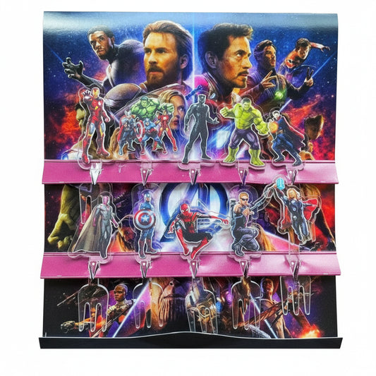 A set of acrylic food picks featuring Avengers characters displayed in a stand with multiple picks.