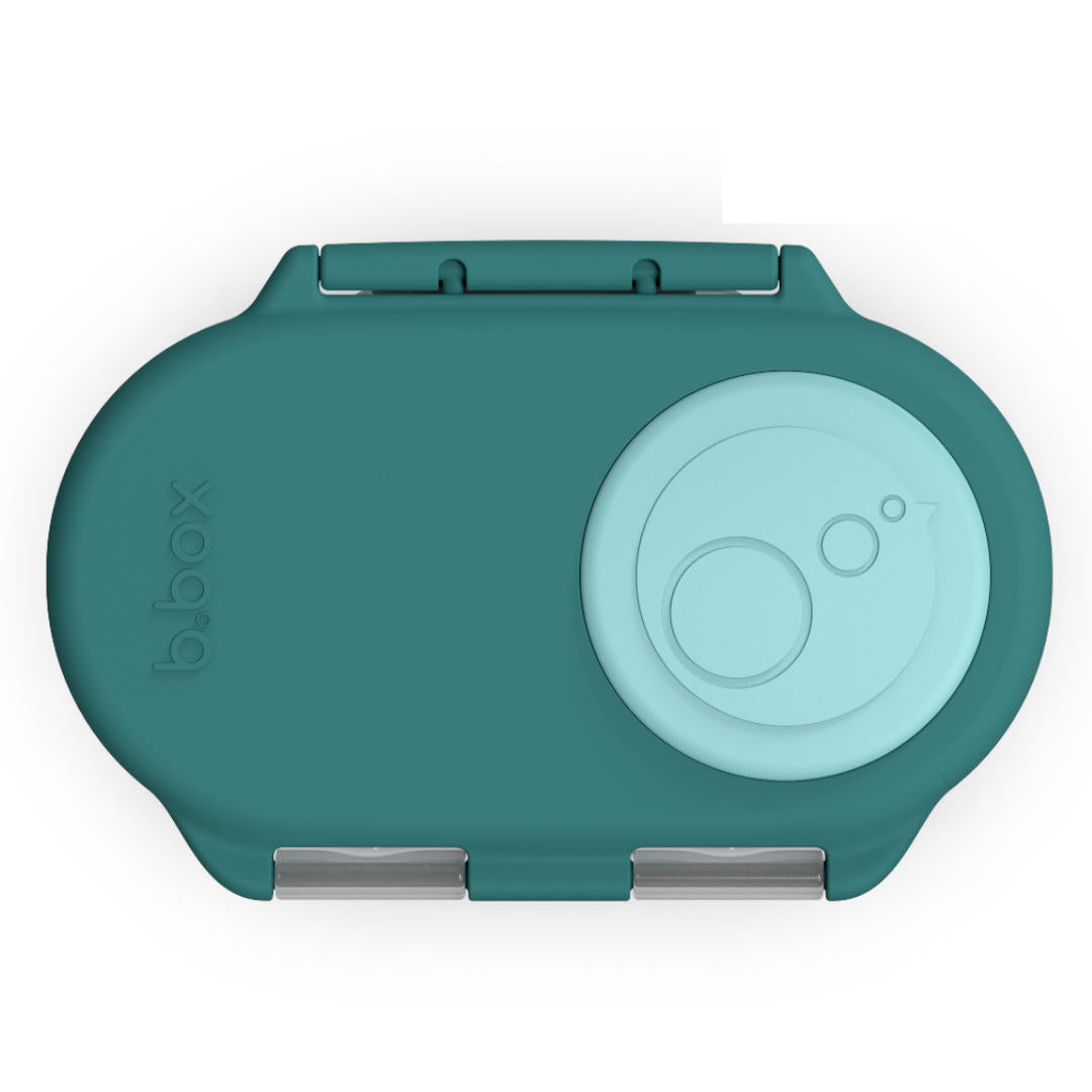 b.box emerald forest snackbox  teal lid with a circular design on a white background