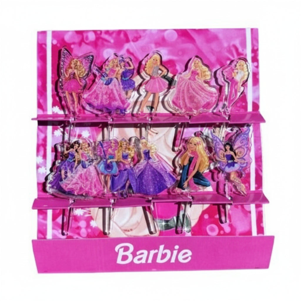 A set of Barbie-themed acrylic food picks displayed in a case.