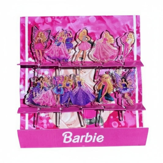 A set of Barbie-themed acrylic food picks displayed in a case.