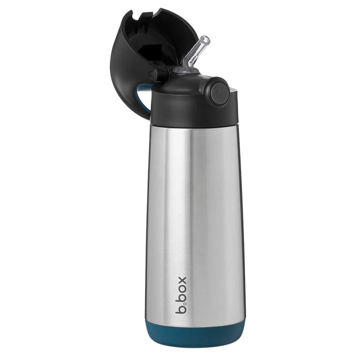 Stainless steel b.box  insulated drink bottle with flip-top straw lid and teal base, reusable and eco-friendly design.