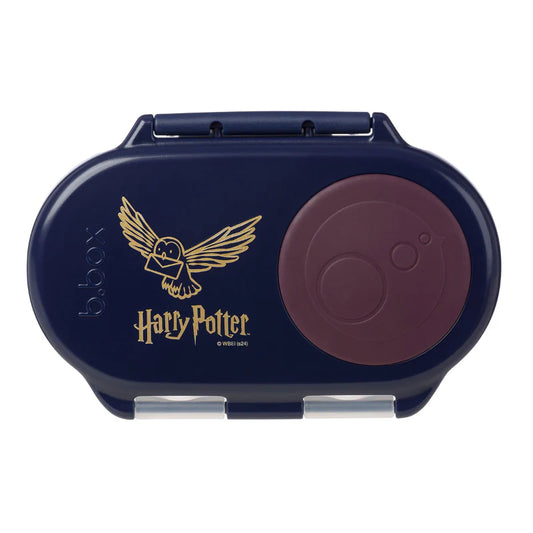 Harry Potter b.box snack box with whole‑fruit holder and leak‑proof silicone seals for small portions.