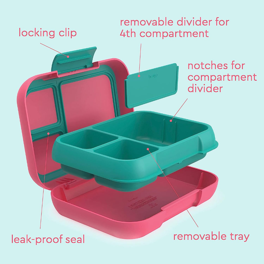 Bentgo Pop Fuchsia lunch box diagram showing leak‑proof design, removable tray and compartment layout