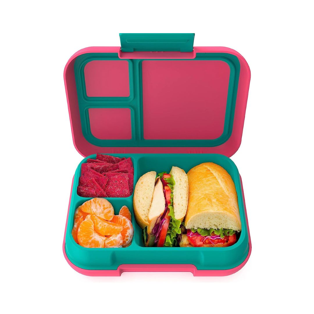 Bentgo Pop Fuchsia lunch box open showing bento‑style compartments filled with food