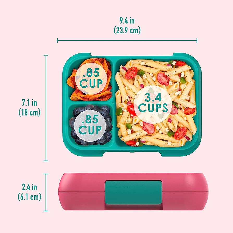Top‑down view of Bentgo Pop Fuchsia lunch box with organised compartments for school lunches