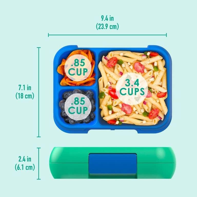 Bentgo Pop Spring Green lunch box diagram showing leak‑proof design, removable tray and compartment layout
