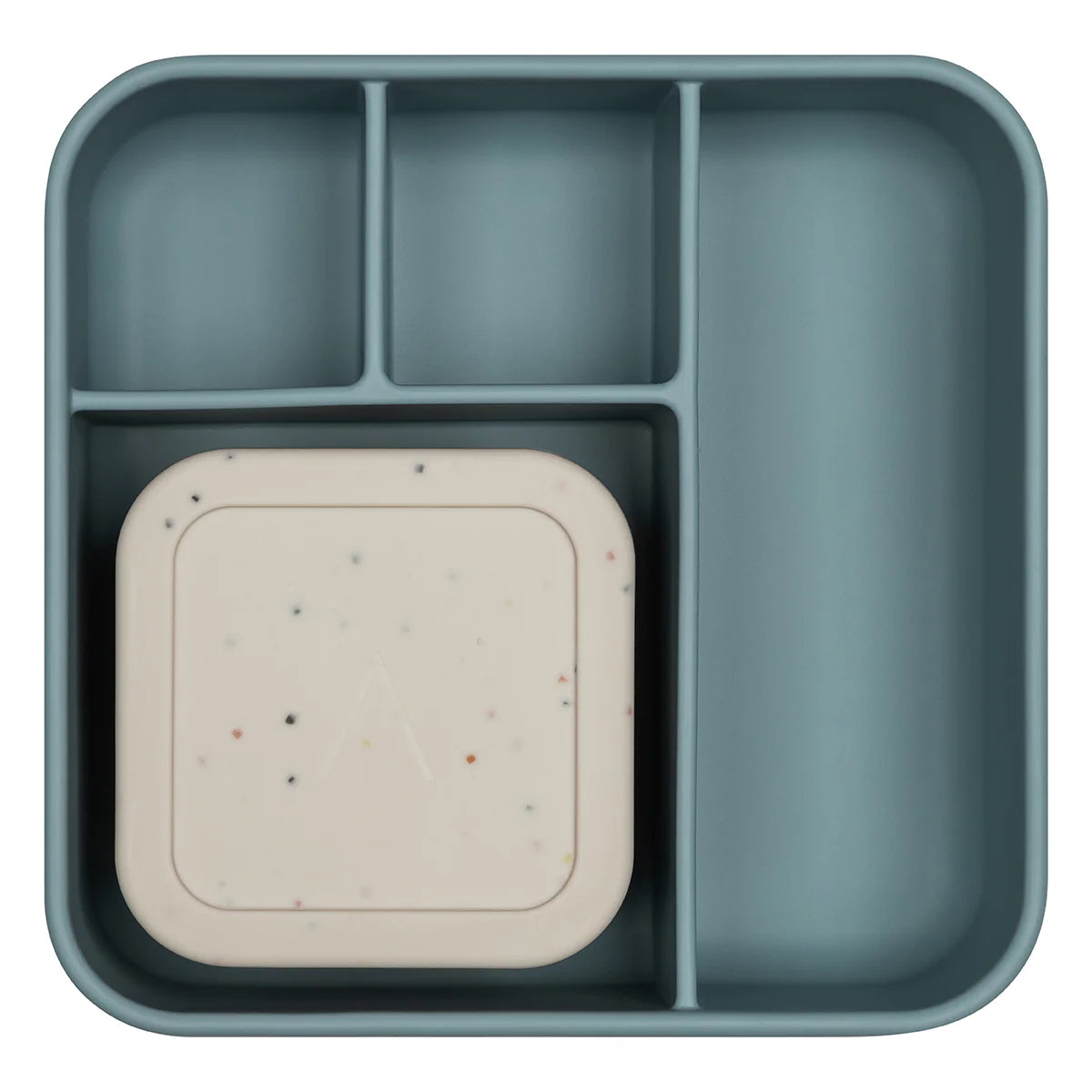 A blue silicone bento lunch box with five compartments, including a removable speckled mini container, shown empty to display its layout and storage design.