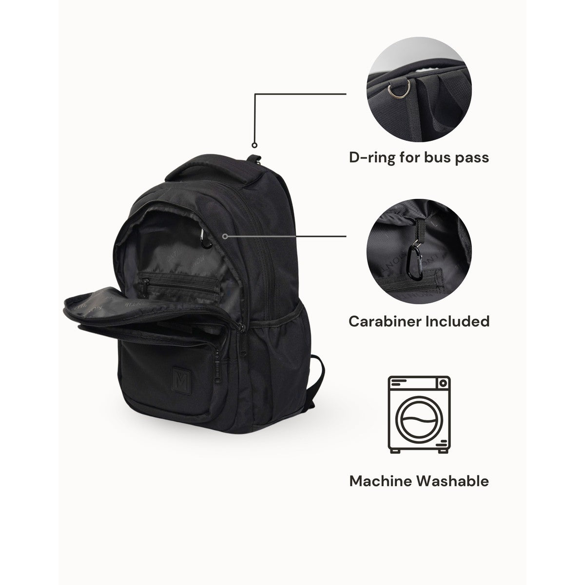 Black Monti Co backpack with features highlighted on a white background