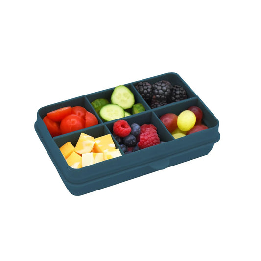 Blue Melii Snackle Box Mini with six compartments and removable divider for versatile snack organisation.