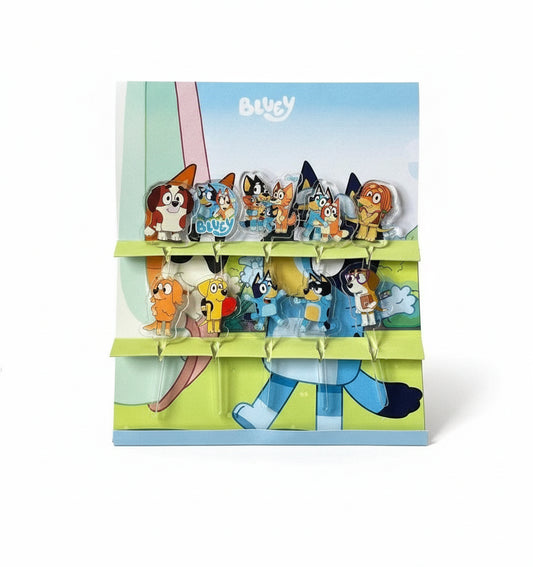 A pack of acrylic food picks featuring various cartoon characters.