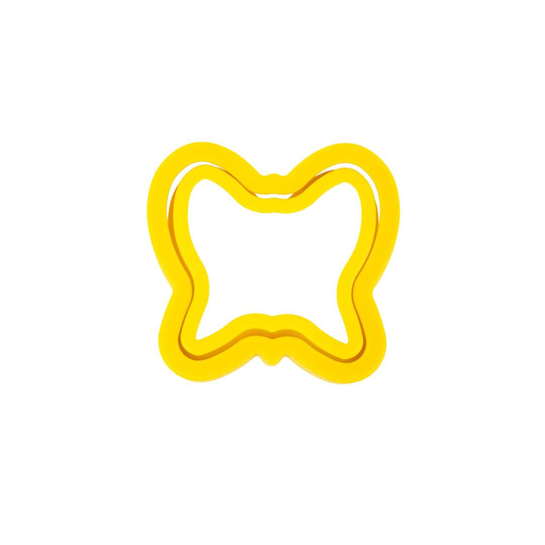 A yellow plastic sandwich cutter and crimping tool designed to create butterfly-shaped pockets.