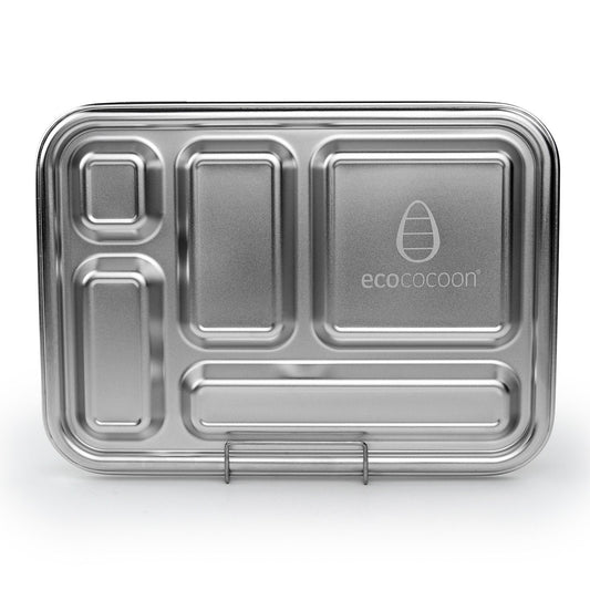 EcoCocoon stainless steel lunchbox tray with five compartments, reusable and eco-friendly food storage container.
