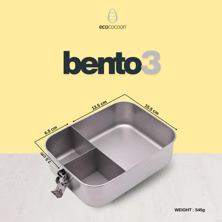 Ecococoon Bento 3 Metal bento box with dimensions and weight on a light yellow background