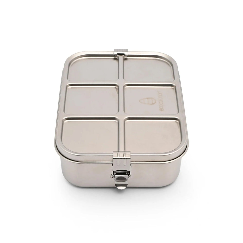 Ecococoon   Silver bento box with 3 compartments on a white background