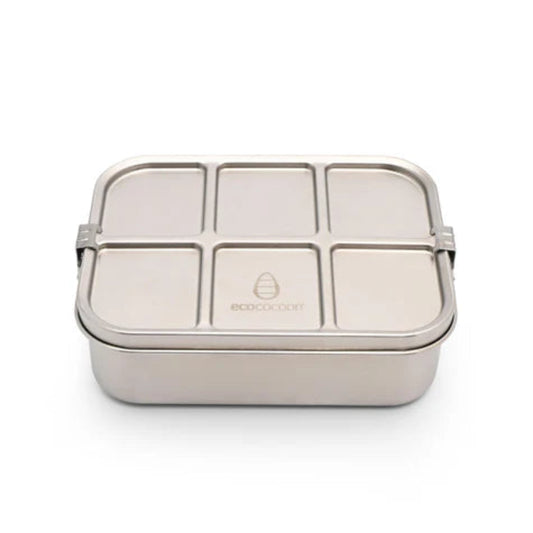 Ecococoon Bento 3 stainless steel bento lunch box shown open and filled, highlighting its metal three‑compartment design for school lunches.
