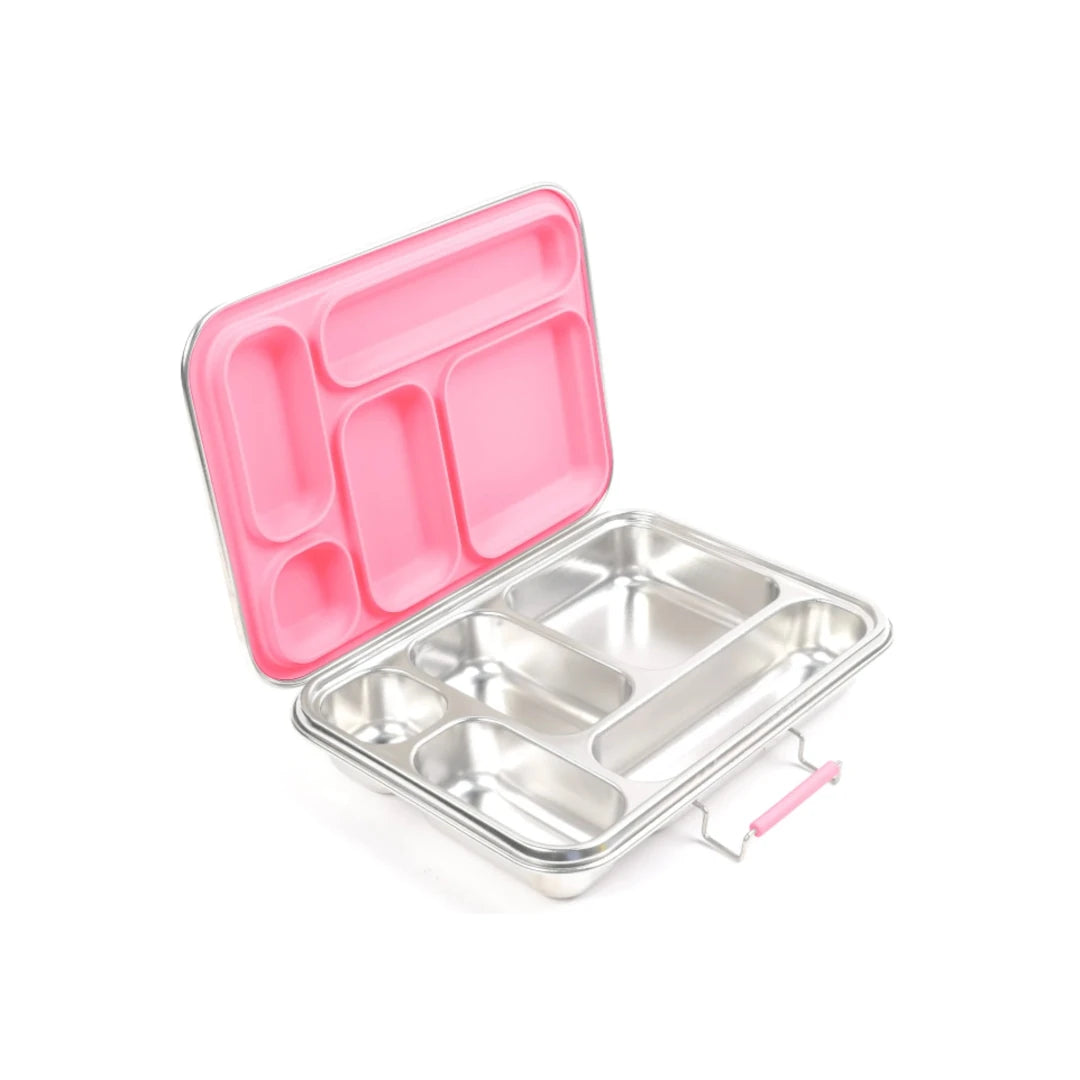 Ecococoon stainless steel leakproof bento box with five compartments and pink rose lid, shown open on white background
