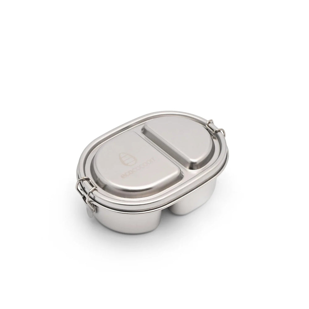 Ecococoon stainless steel Snack Pod Duo with two metal compartments and lid, shown open and filled to highlight its durable bento‑style snack container design.