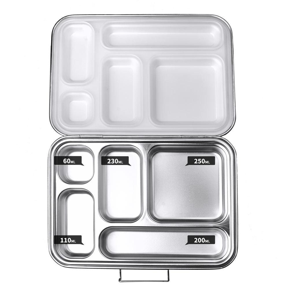 Ecococoon stainless steel leakproof bento box with five compartments displaying capacity