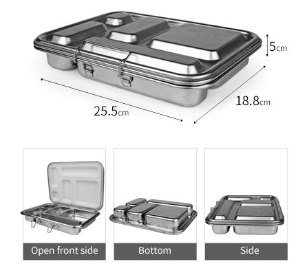 Ecococoon stainless steel leakproof bento box with five compartments displaying dimensions.