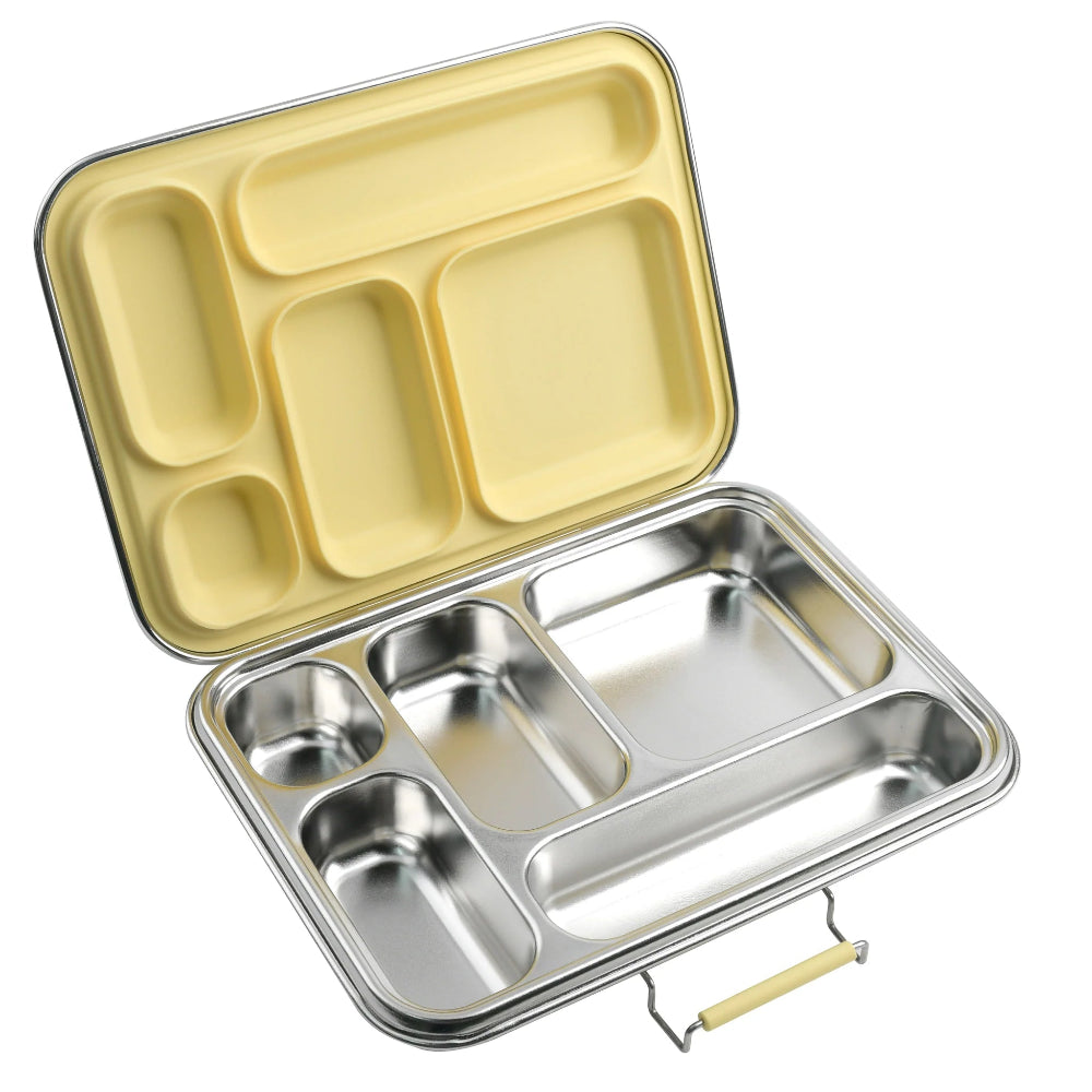 An open Ecococoon stainless steel leakproof bento box with five compartments, the top compartment is yellow and the bottom compartments are silver. The box is on a white background.