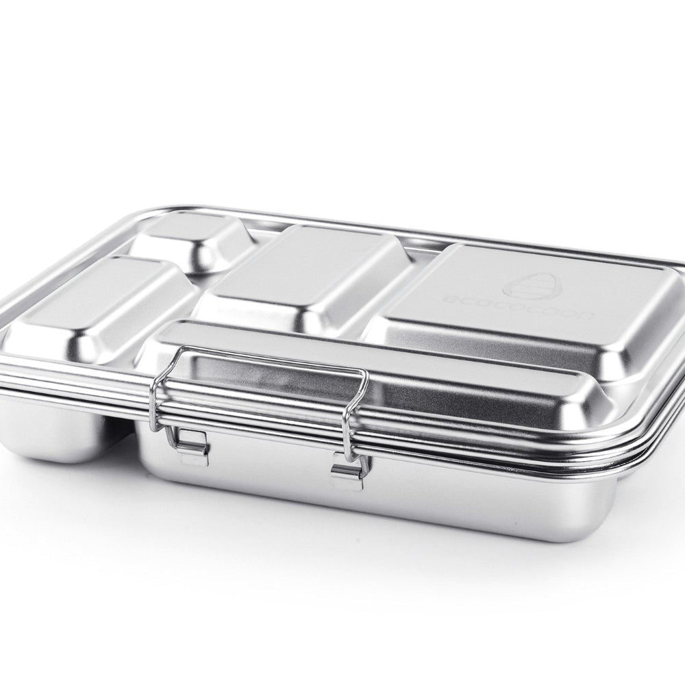 Ecococoon stainless steel leakproof bento box with five compartments , side view on white background.