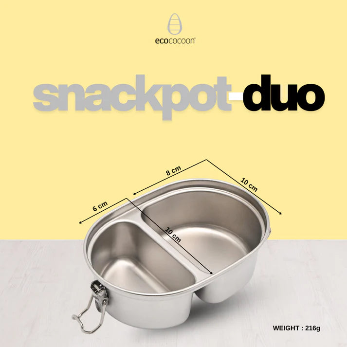 Ecococoon stainless steel Snack Pod Duo with dimensions and weight on a light yellow background