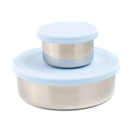 Ecococoon stainless steel snack pot set with blueberry‑blue lids, one inside the other, against a white background.