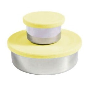 Ecococoon stainless steel snack pot set with limoncello‑yellow lids, one inside the other.