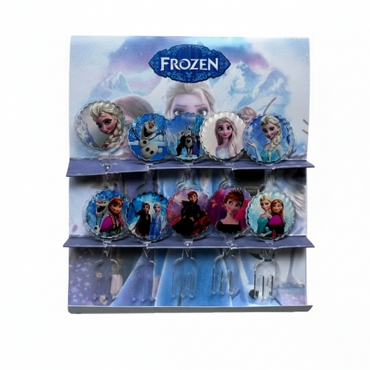 Display of Frozen-themed acrylic food picks featuring characters from the movie.