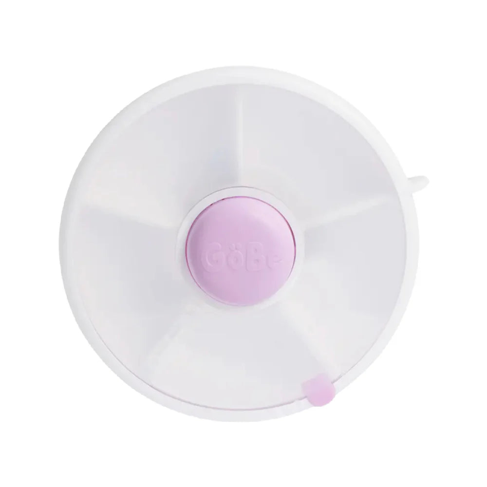 A white and purple GoBe snack spinner with a button on the top, designed for easy snack selection.