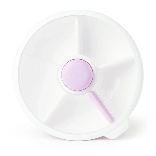 A white and purple Gobe Large Snack Spinner designed for children to switch between different snacks with a press of a button.