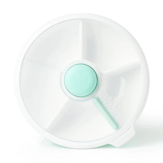 A white and blue snack spinner with multiple compartments, the central hub is blue, and it is designed for organizing snacks.