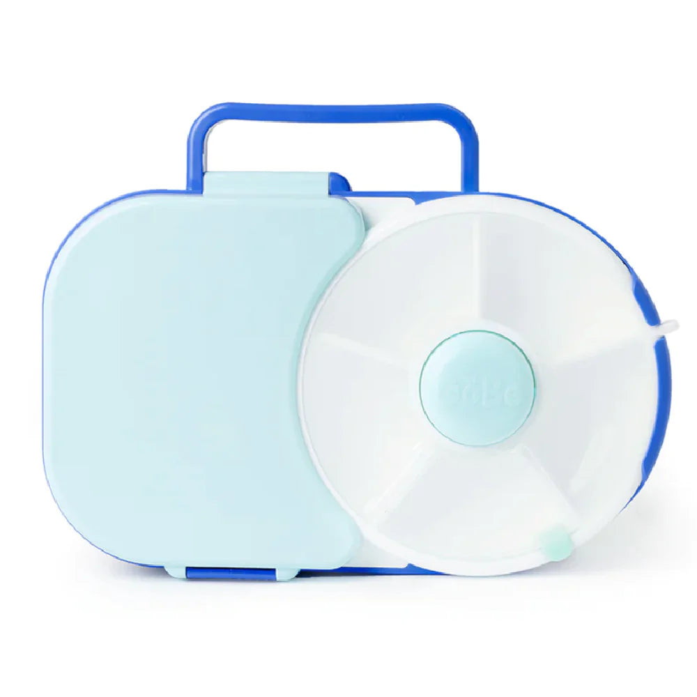 A blue and white GoBe Lunchbox with a spill-resistant snack spinner compartment.