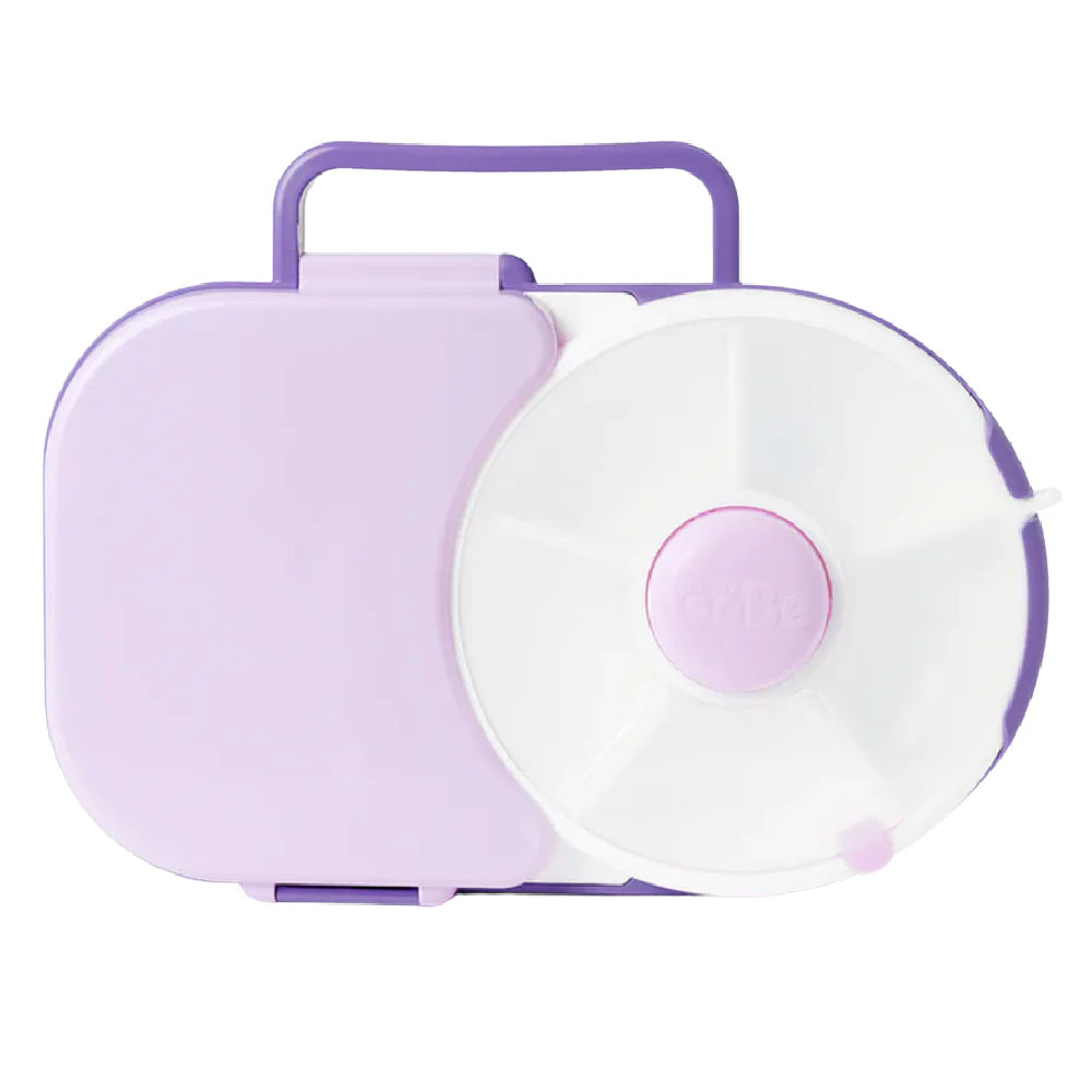 A taro purple GoBe Lunchbox with a white snack spinner attached to the side.